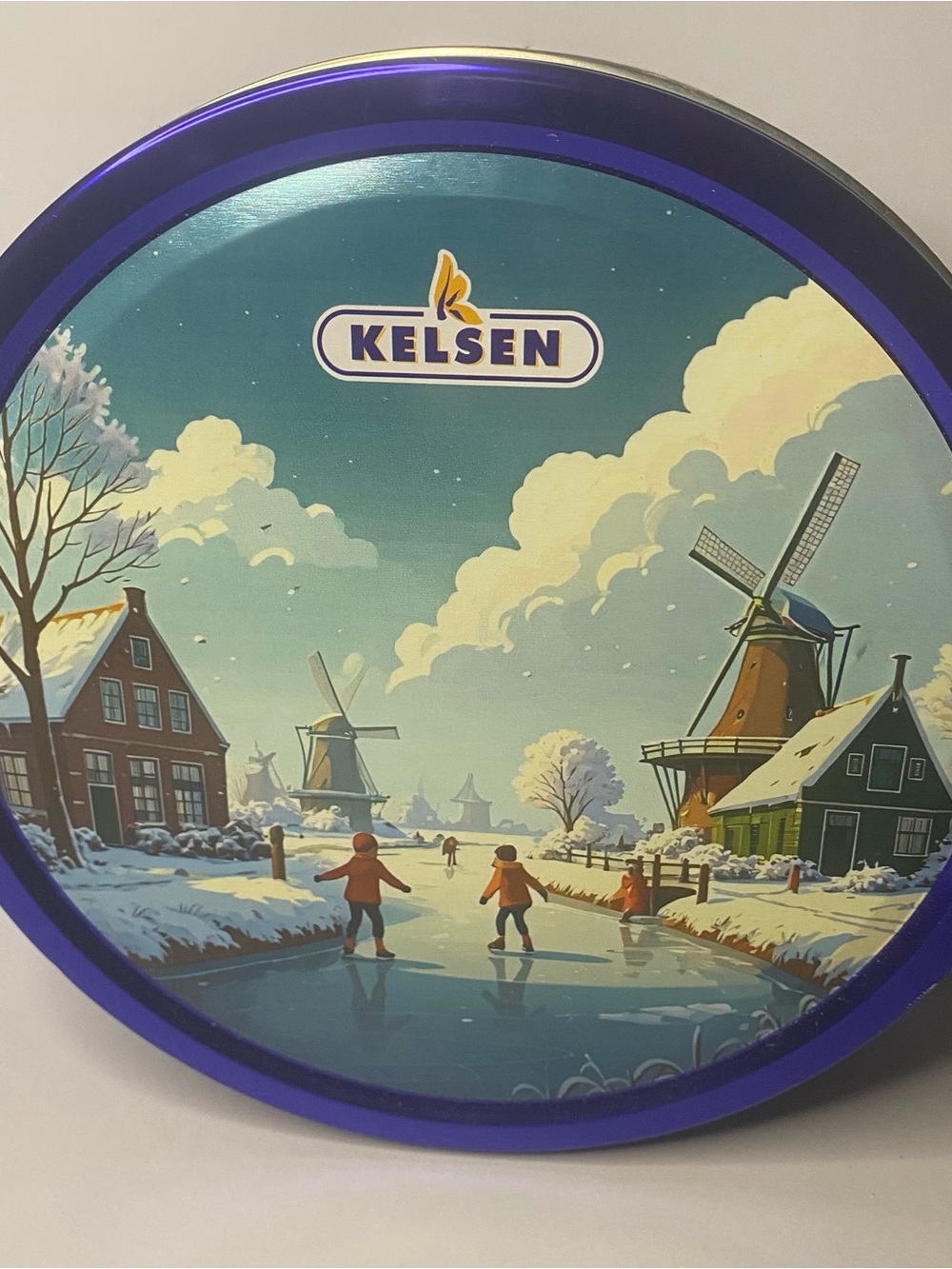 Kelsen Blue Decorative Cookie Tin with Danish Winter Windmill Scene